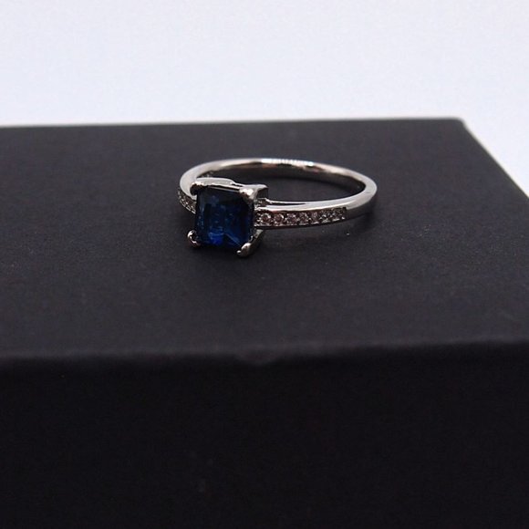 Brilliant Sapphire Blue Princess Cut 1.00ctw Bridal Ring .925 Sterling Silver - Picture 5 of 10